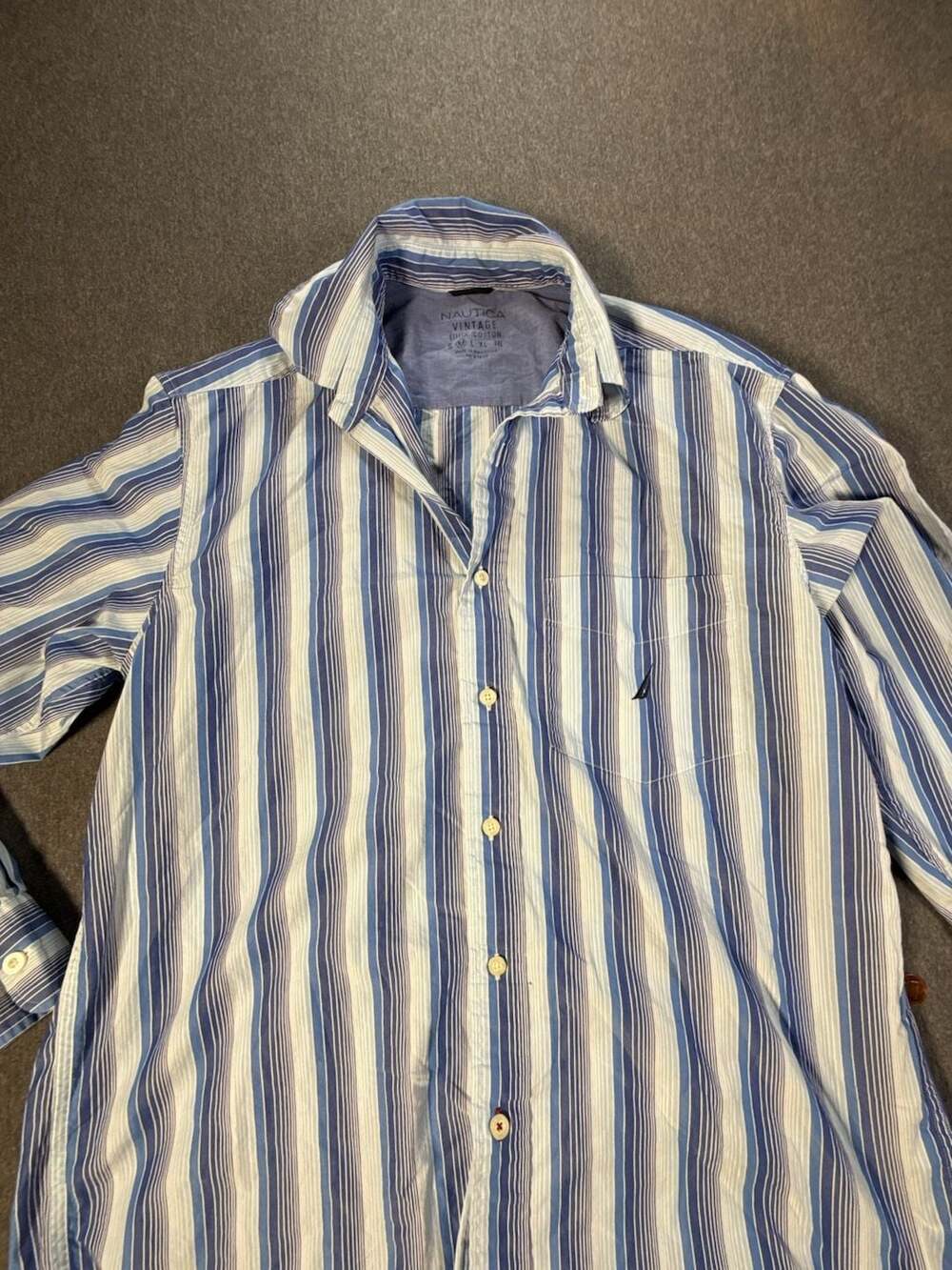 Nautica Vintage Blue White Striped 100% Cotton Long Sleeve Button-Down Shirt Siz